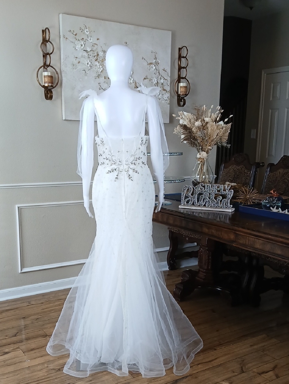 Mac Duggal White And Gold Crystals Tulle Bridal Mermaid Gown with Bow Straps - Picture 7 of 16